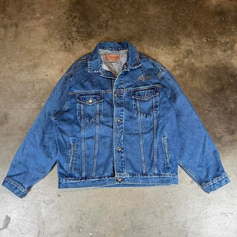 Vintage Post Authority blue denim jacket with Atlas logo Size men's large